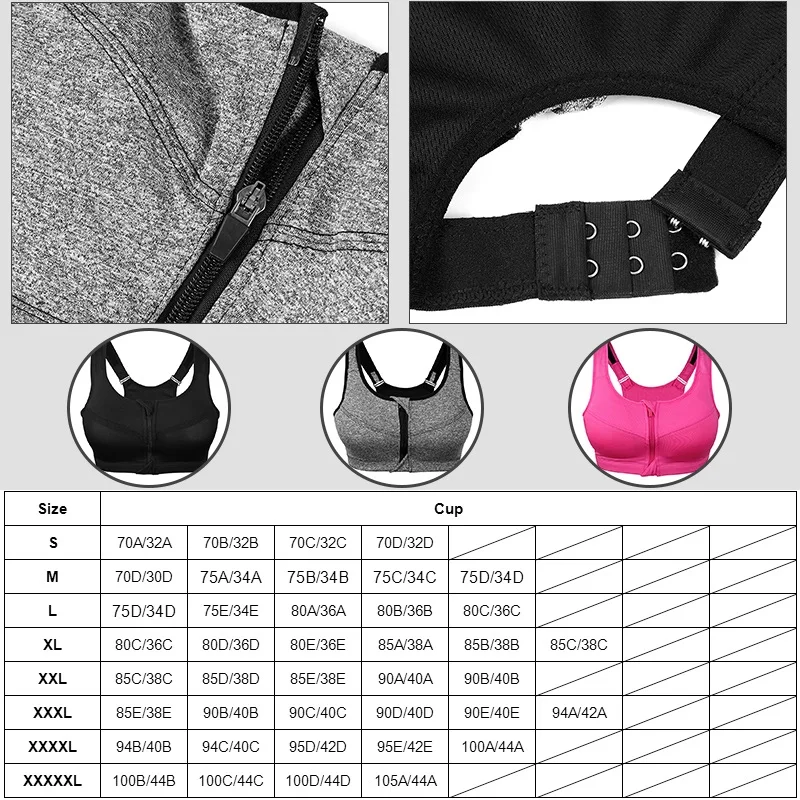 S-5XL Hot Sports Top Yoga Bra Women Shockproof Gym Shirt Sports Bra Front Zipper Big Lady Push Up Brassiere Sportswear Plus Size