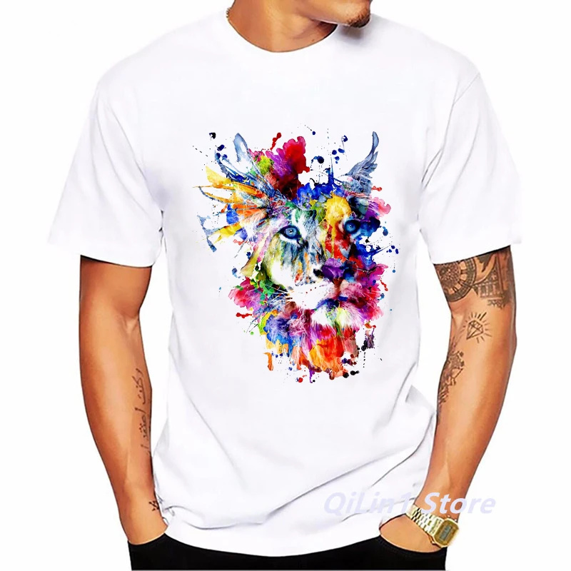 Watercolor Lion/Wolf/Owl/Tiger/Deer Animal Print Tee Shirt Homme Summer Top Male White Short Sleeve T-Shirt Men Hip Hop T Shirt