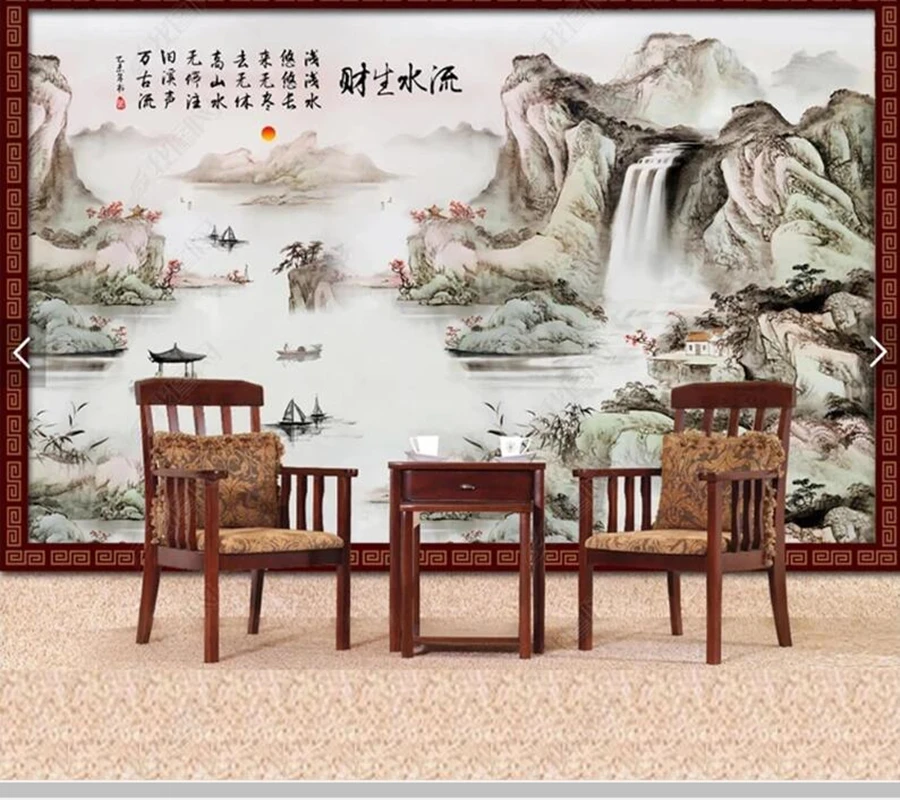 Papel de parede Chinese style landscape painting and flowing water wallpaper,living room tv bedroom wall papers home decor mural