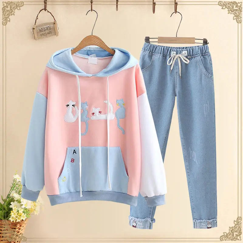 Single/Set Female Student Jeans Set 2023 New Women Spring Autumn Sweatshirt+Cowboy Pants Two-Piece Suit Jeans No velvet  B1230