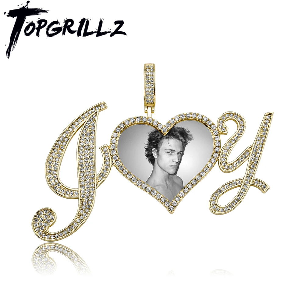 

TOPGRILLZ 2021New Custom Photo Pendant Necklace With Cursive Letters Gold Plated Hip Hop Personalized jewelry Gift For Men Women