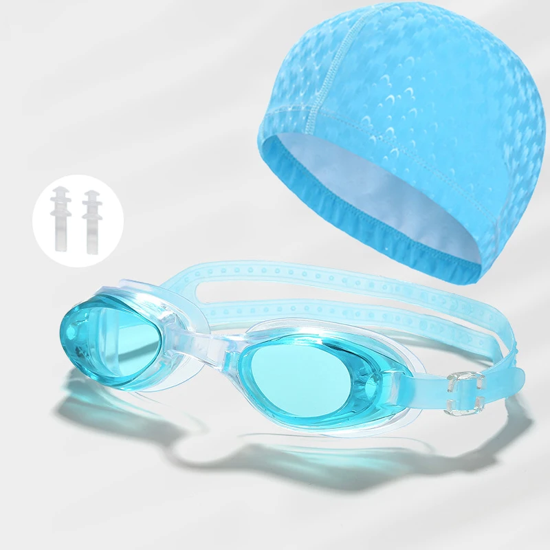 3in1 Waterproof Men Women Swimming Pool Goggles Set Water Sport Eyewear wi/ Earplugs PU Coating Fabric Swim Caps Hat Accessories