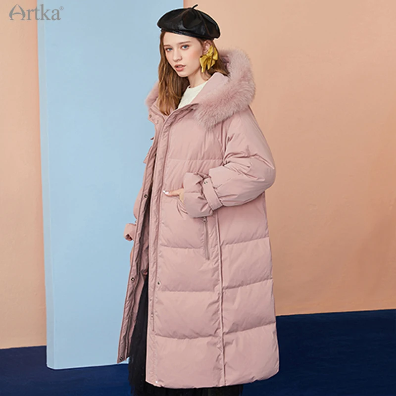 ARTKA 2020 Winter New Women Down Jacket Fashion Casual 4 Colors 90% White Duck Down Coat Big Fox Fur Collar Long Parka ZK22008D