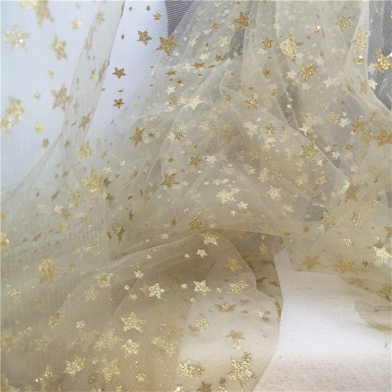 Print Gold Small Stars Tulle Lace Fabric Glitter Mesh for Party Dress, Tutu Dress, Evening Ball Gown, Veil suply