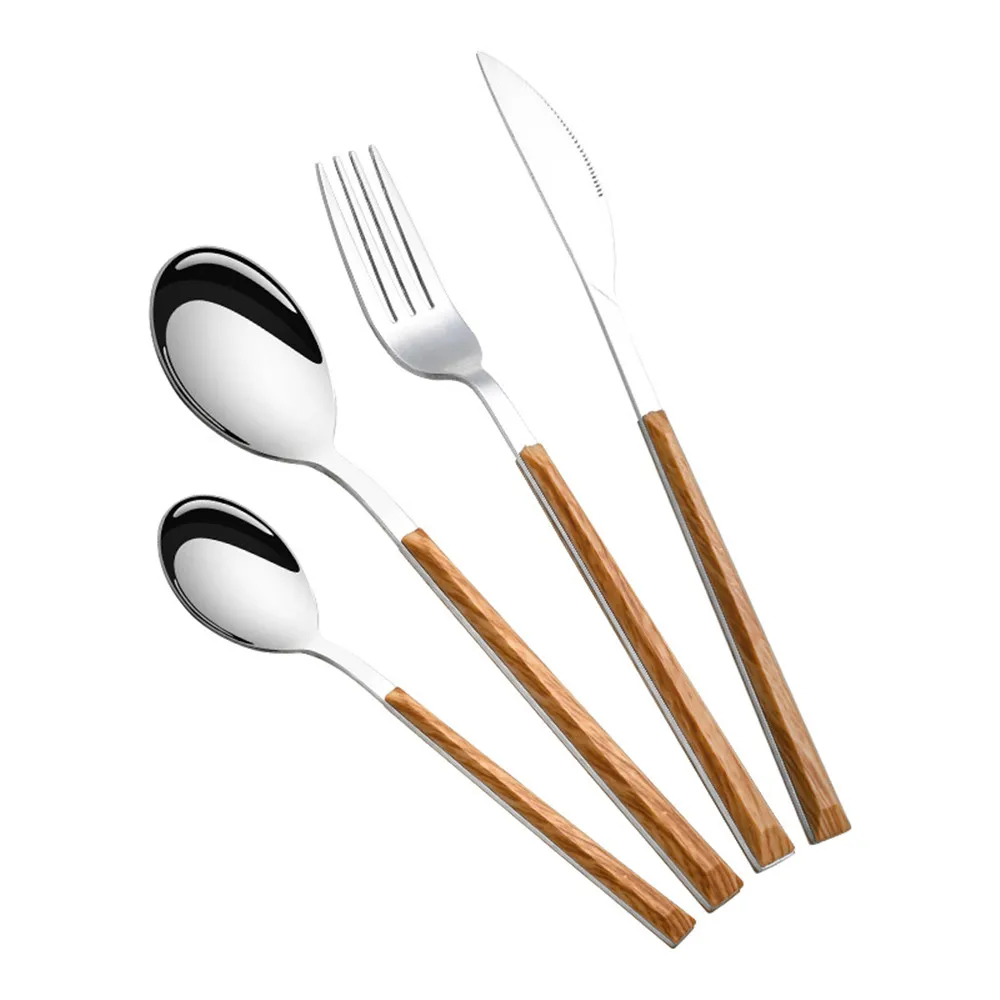 4 Sizes Wooden Handle Stainless Steel Knife Fork Spoon Home Kitchen Ice Cream Dessert Tea Tableware Tools Accessories Mug Coffee