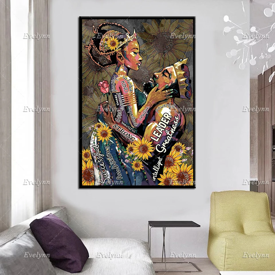 Black King Black Queen Canvas, Black Couple Oil Painting Poster, Black Lives Matter Wall Art, Black Men Black Women Home Decor