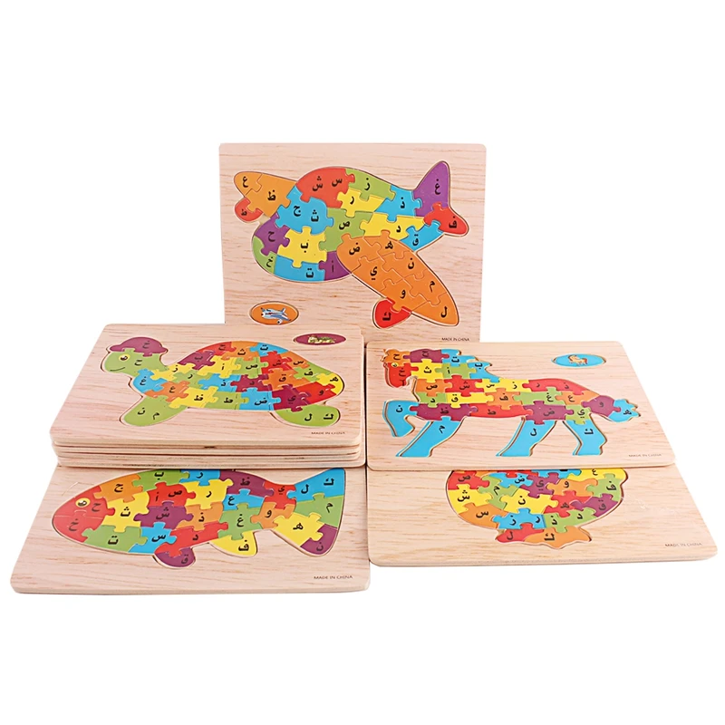 Wood Puzzle Toy Arabic Alphabet Cartoon Animals Traffic Arab Jigsaw Puzzles Toys for Children Early Educational Preschool Gift