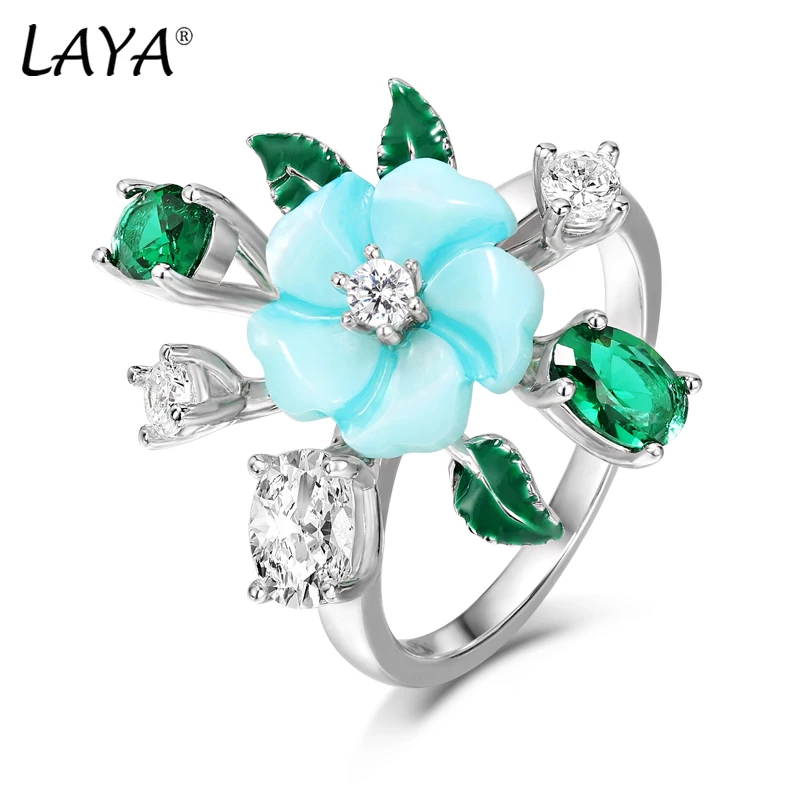 

Laya 925 Sterling Silver Summer Hot Style Jewelry High Quality Zirconium Natural Shell Flower Green Leaf Enamel Ring For Women