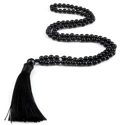 108 Mala Shiny Black Stone Beaded Necklace Men Volcanic Lava Stone Beads Necklace Handmade Obsidian Energy Meditation Jewelry