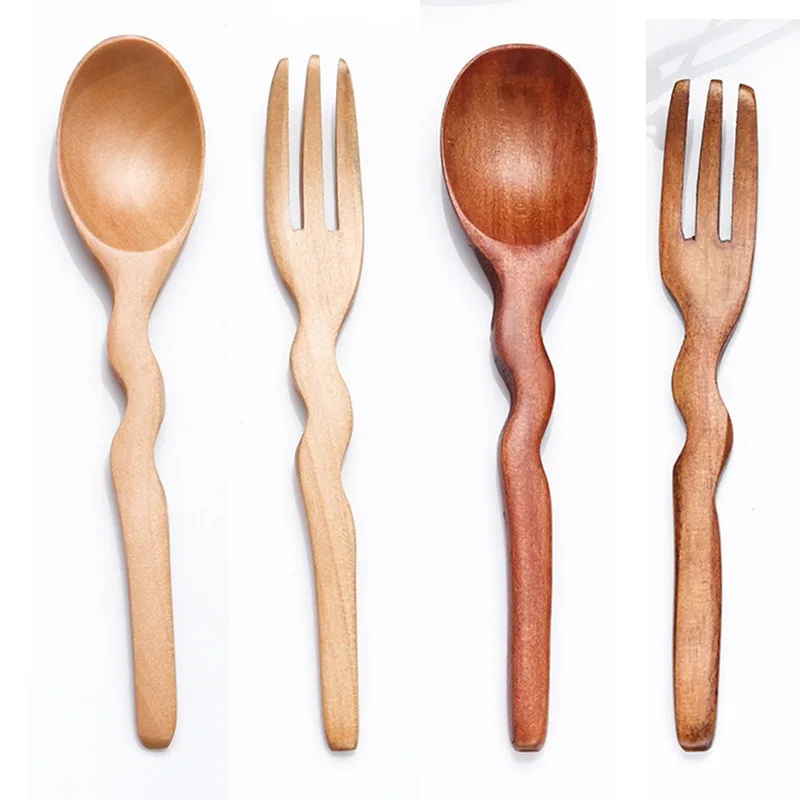 Wooden Handle Tea Spoon Wavy Shape Solid Wood Fork Dessert Restaurant Small Wooden Soup Spoon Home Tableware Fork Utensils D