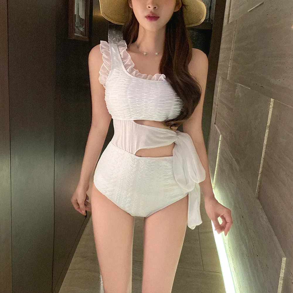 VigoCasey White Swimwear Women 2024 Sexy One Piece Swimsuit Female Korean One Shoulder Bathing Suit High Waist Hollow Monokini