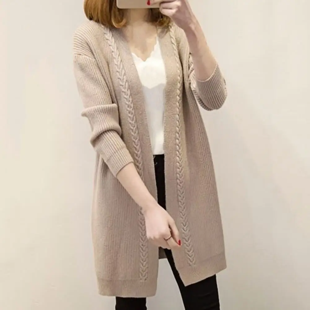 Long Sleeve Mid-Length Women Cardigan Autumn Winter Solid Color Twist Edge Knitted Coat Outerwear