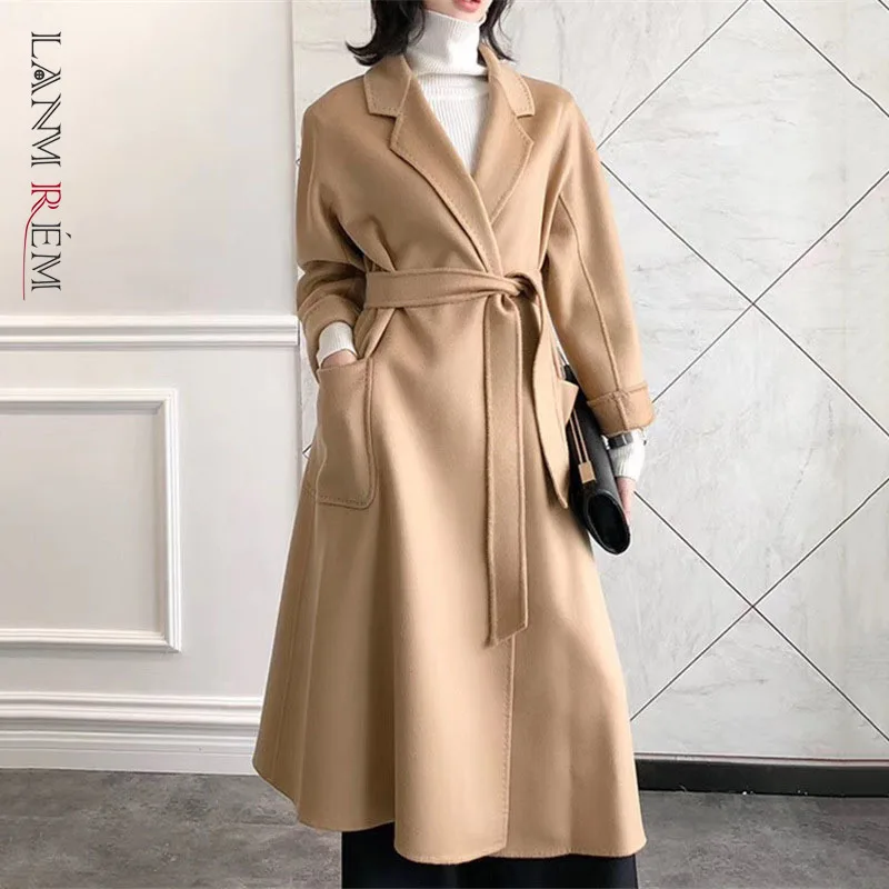 LANMREM 2024 Spring Winter New Water Ripple Coat Double-sided Cashmere Coats Female High-end Long Soft Bandage Clothes 2C2406