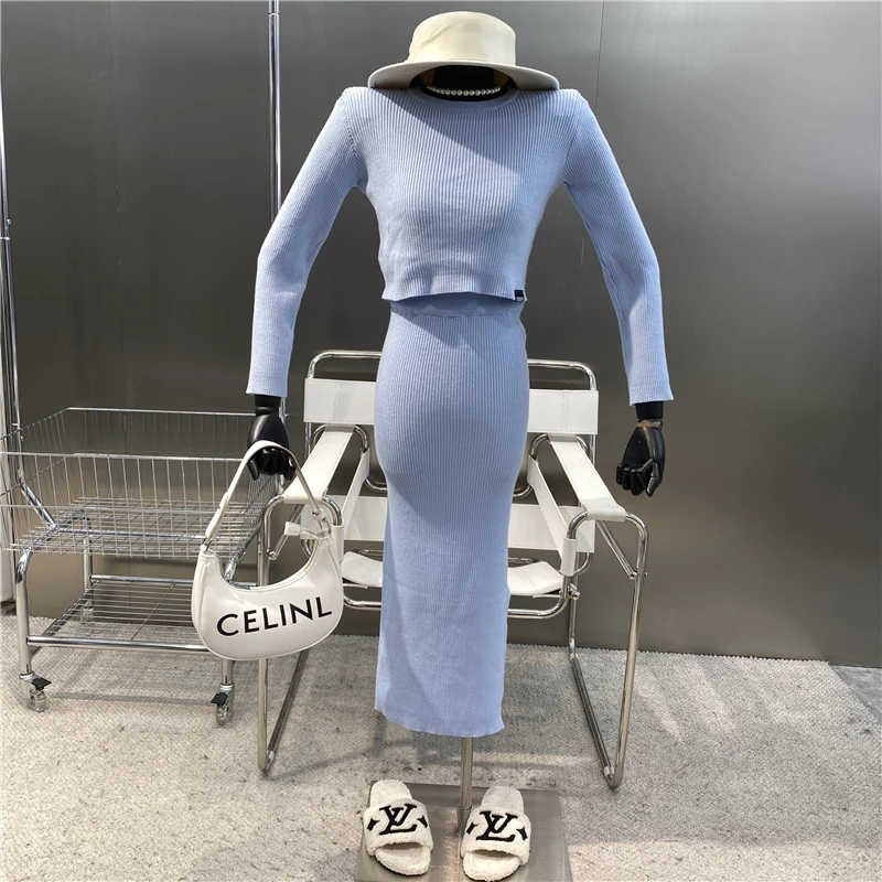 

New Brand Original Design Elegant Slim Long Sleeve Round Neck T-shirt + High Waist Slim Slim Slit Hip Wrap Skirt Two-piece Set