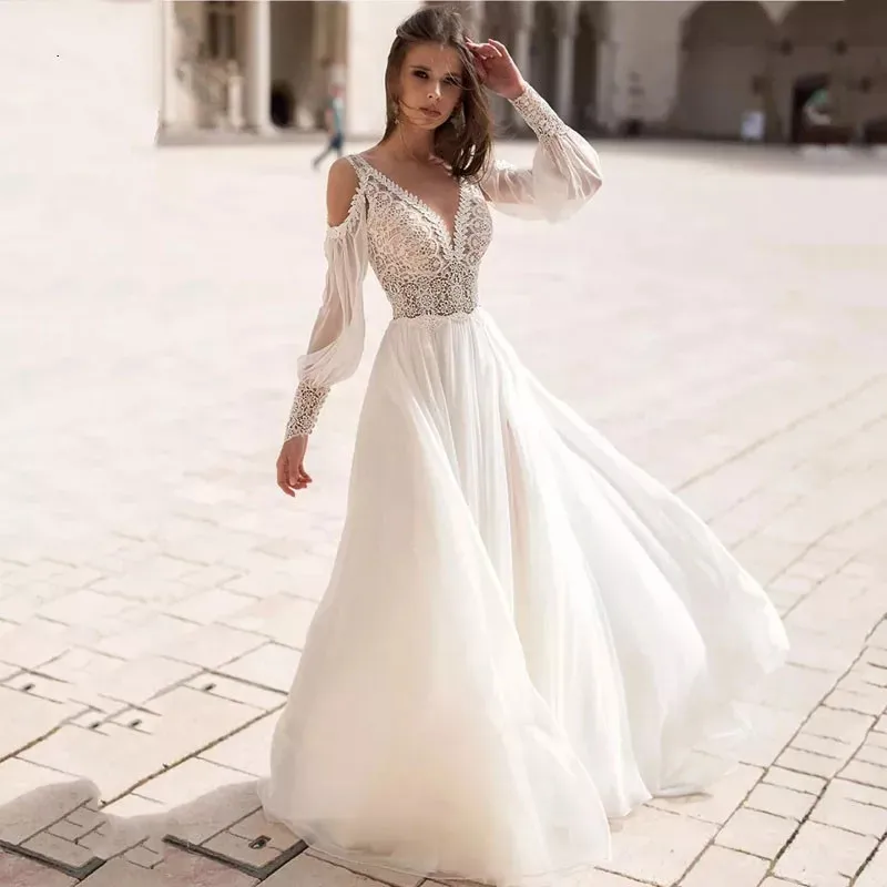 Abiti da sposa in Chiffon da spiaggia maniche a sbuffo staccabili scollo a V Applique in pizzo Backless Boho abiti da sposa eleganti abiti da sposa