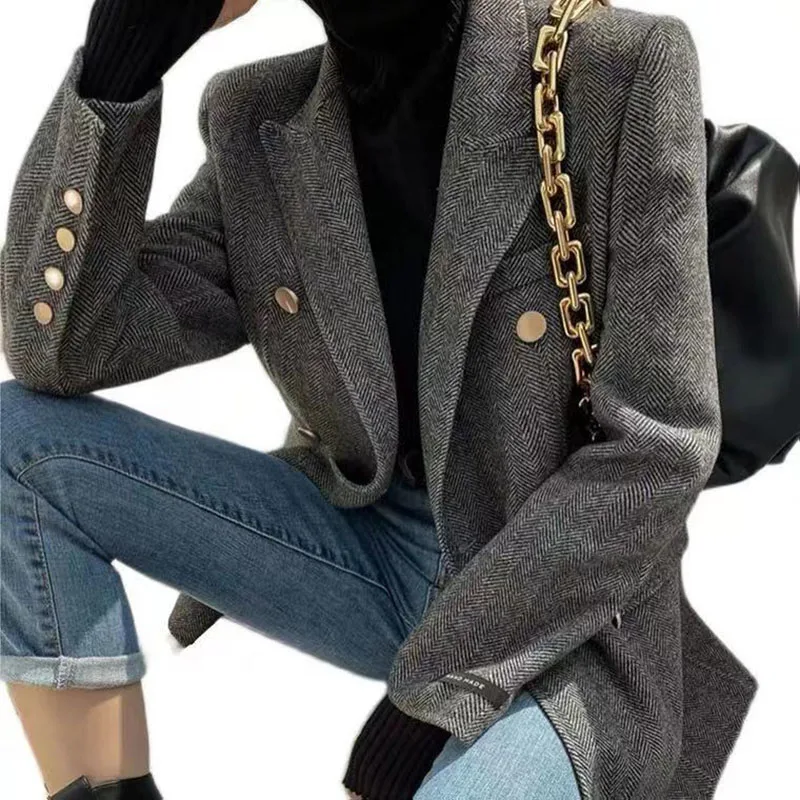 Korean Style Women Gray Woolen Suit Coats Autumn Winter Thicken Slim Jackets Fashion Female Mid Length Outerwear