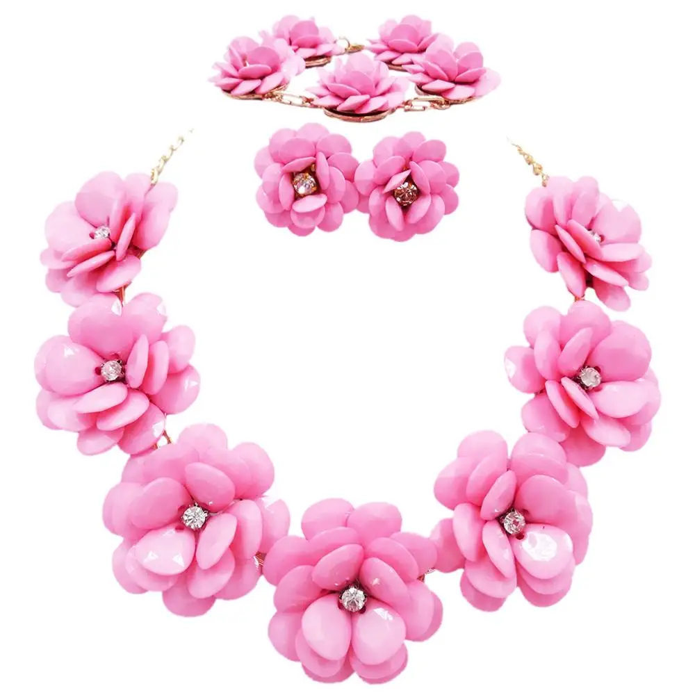 lovely pink flower necklace costume jewelry set african wedding beads nigerian set