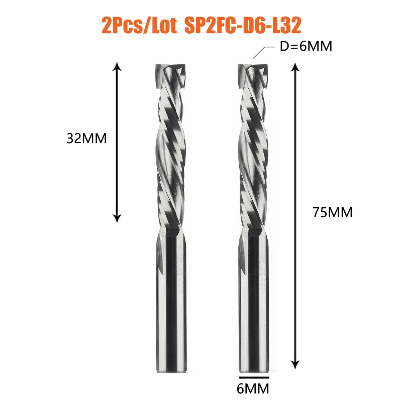 Dreanique 2 stks/partij CNC Twee Spiraal Fluiten Compressie End Mill Houtwerk UP & DOWN Carbide Frees Tool Router bit