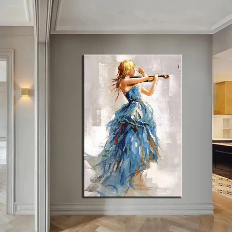 

100% Hand Painted Violin Dancing Girl Abstract Oil Hand Made Canvas Painting For Living Room Home Wall Art Decor Large Size