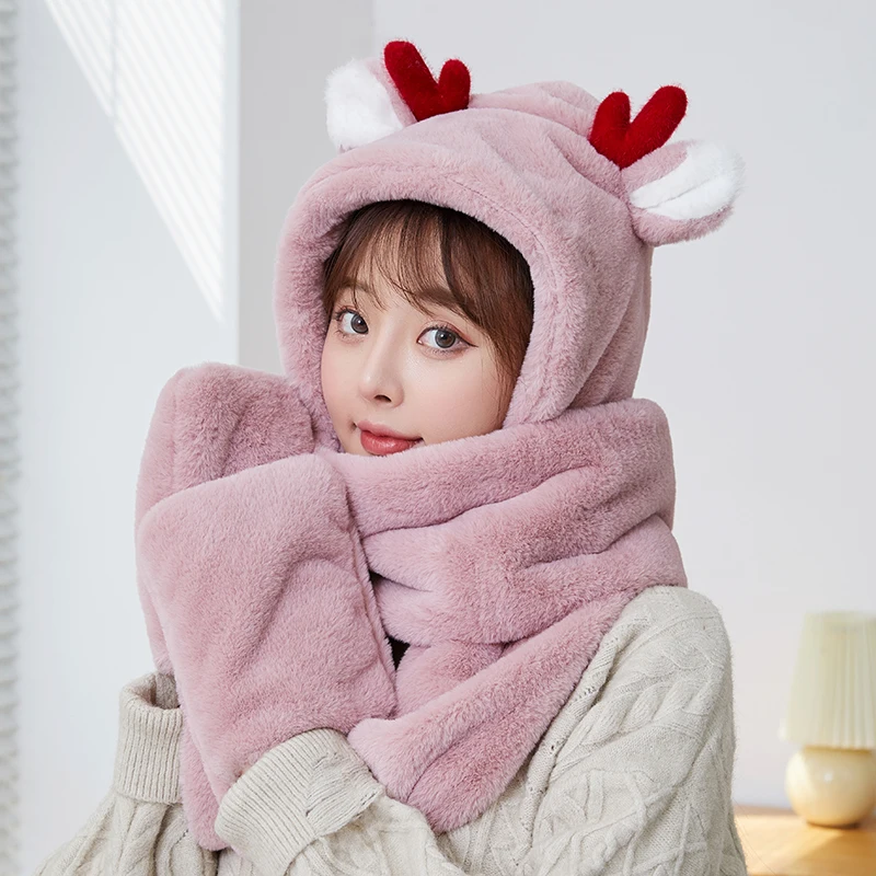 3 in1 Women Kawaii  Bunny Fluffy Plush Earflap Hat with Moving Jumping Rabbit Ears Thicken Warm Beanie Cap Neck Warmer Scarf Go