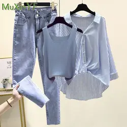 Camisa informal de verano a rayas para mujer, chaleco vaquero de tres piezas, blusa elegante coreana, pantalones vaqueros a juego, primavera 2024