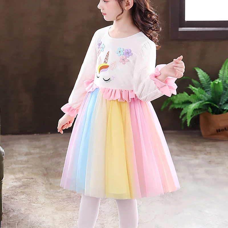 Kids Little Girls' Dress Rainbow Unicorn Flower Party Birthday Beaded Embroidered Ruffle Knee-length Long Sleeve Princess Dress