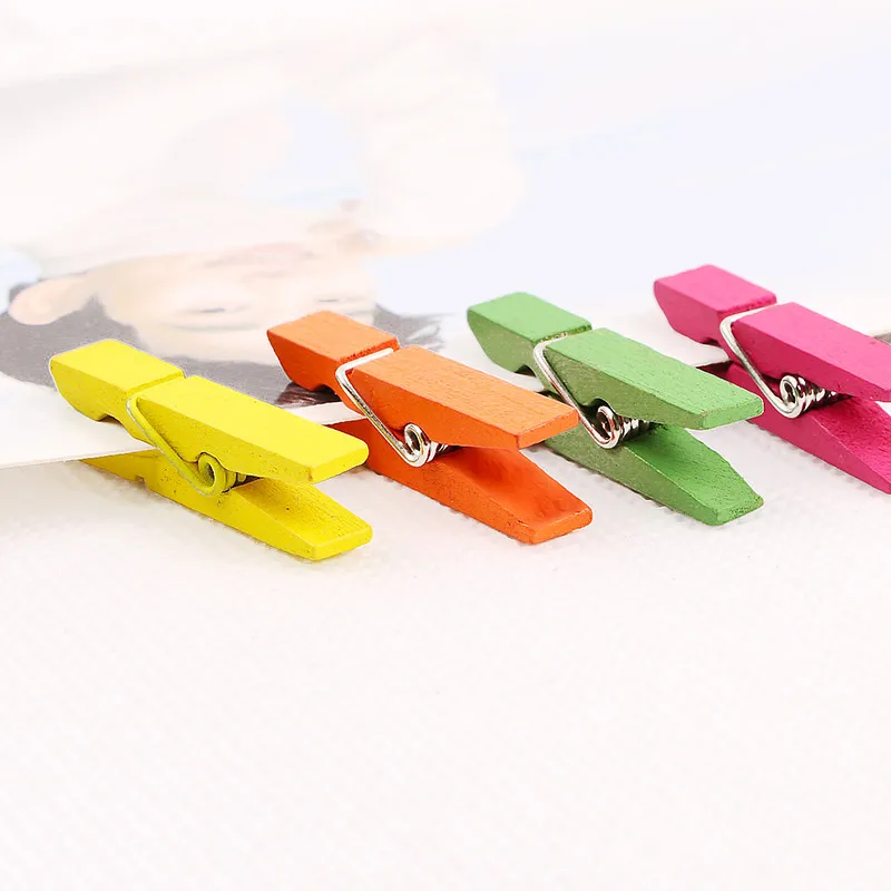 50Pcs/set 35MM Mini Colorful Wooden Clip Photo Clamp DIY Craft Decoration Office Postcard Memo Paper Clips With 10M String Rope