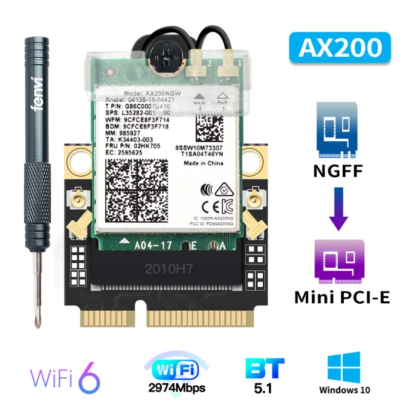 Mini PCI-E Wi-Fi 6 Adapter Wireless 2974Mbps Bluetooth 5.0 Intel AX200 Wifi Card AX200NGW 802.11ax/ac 160Mhz 2.4G/5G Windows10