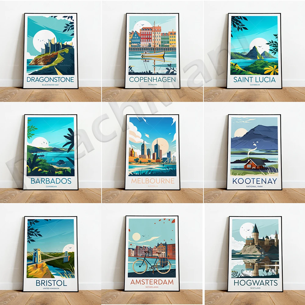 Melbourne, Saint Lucia, Winterfell, St. Ives, Lago Como, Copenhague, Ámsterdam, Bristol, Parque Nacional Kootenay, impresión turística
