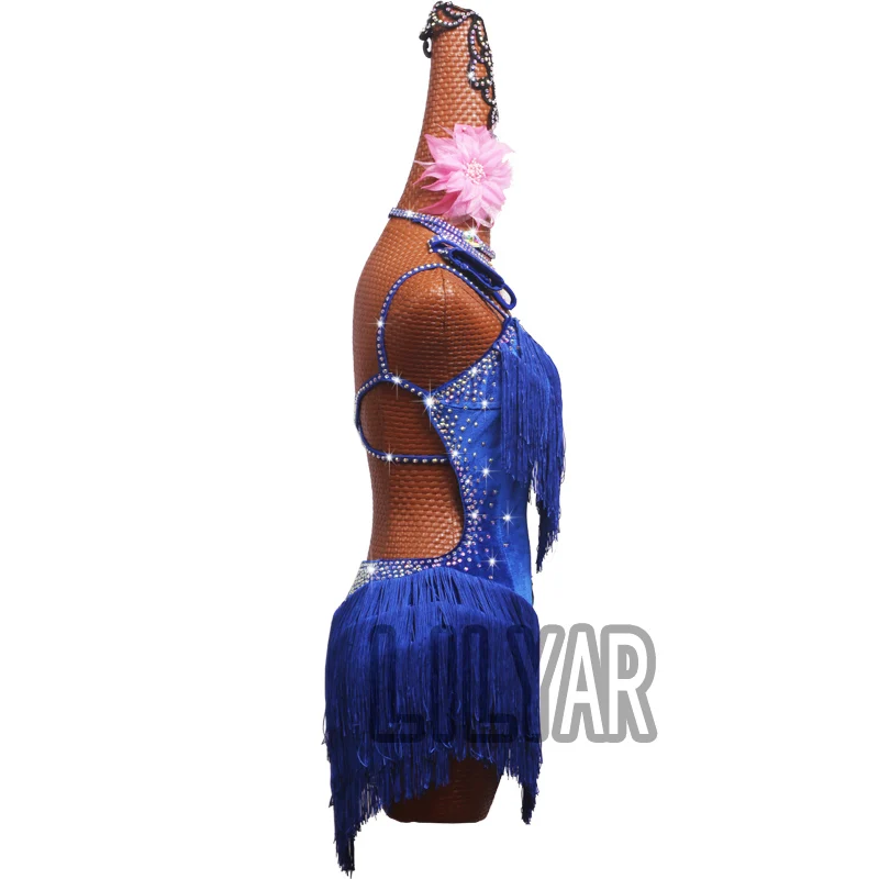 New Latin Dance Dress Competition Dress pole Costumes Skirt Performing Dress Adult Customize Children Royal blue fringed skirts