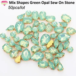 RESEN 50PCS Mix Shapes Green Opal Sew On Stones With Gold Bottom Claw Resin Rhinestones DIY Clothing Accessories