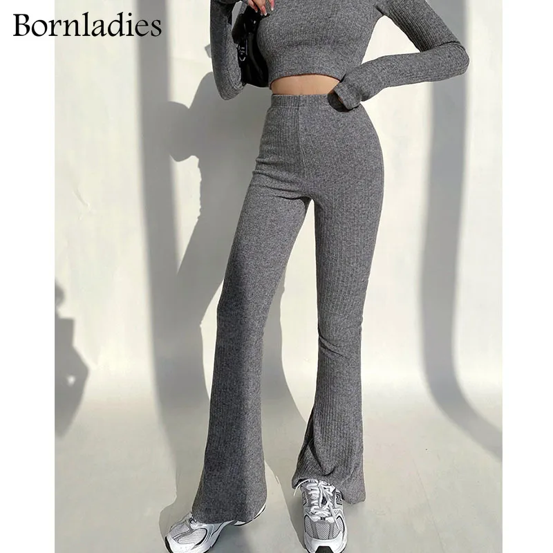 Bornladies 2022 Slim Sweater Tracksuits Short Jumpers & Elastic Waist Full Length Flare Pants Female Skinny Knitted 2 Pieces Set