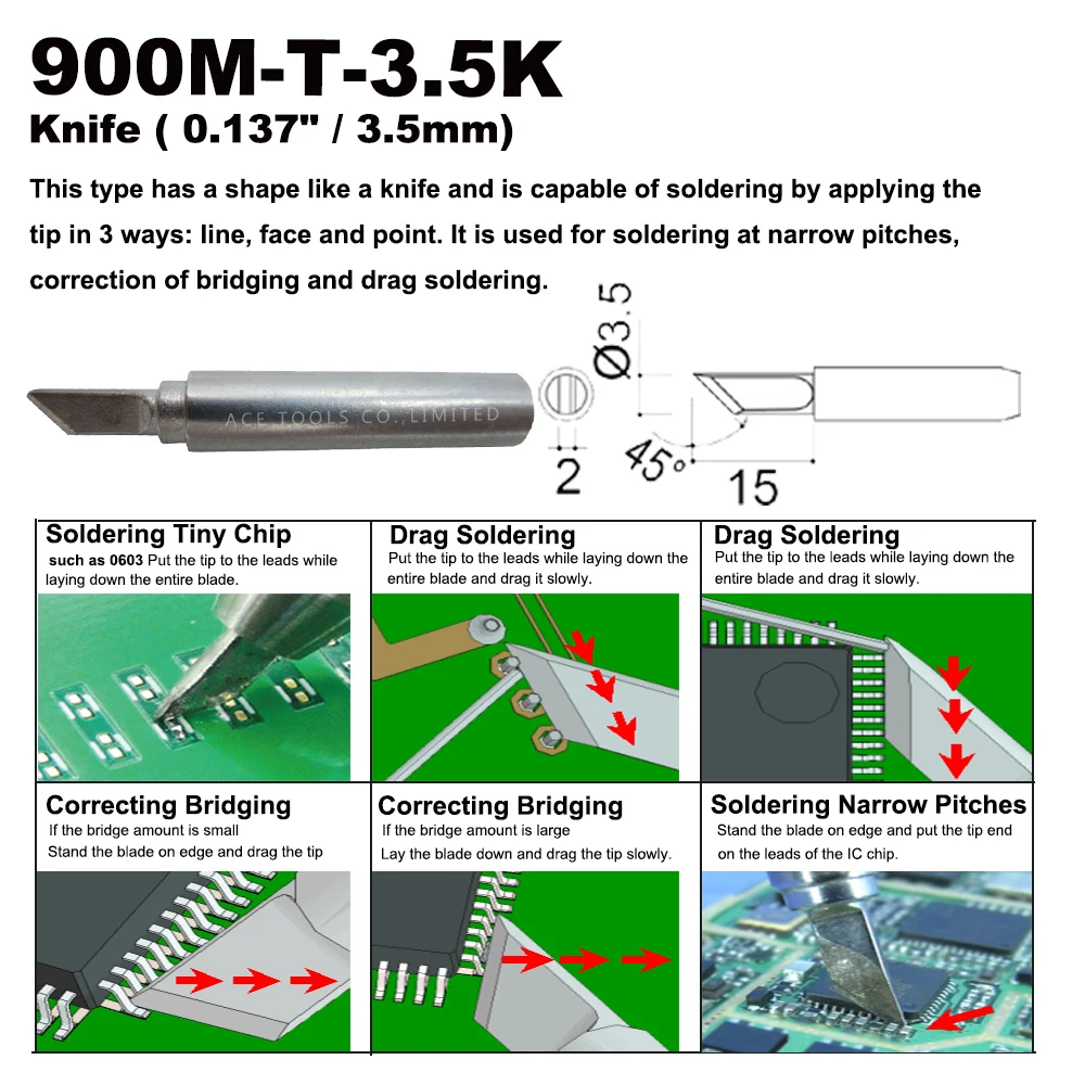 Soldering Tip 900M-T-3.5K Knife 3.5mm for Hakko 936 907 Milwaukee M12SI-0 Radio Shack 64-053 Yihua 936 X-Tronics 3020 Iron Bit
