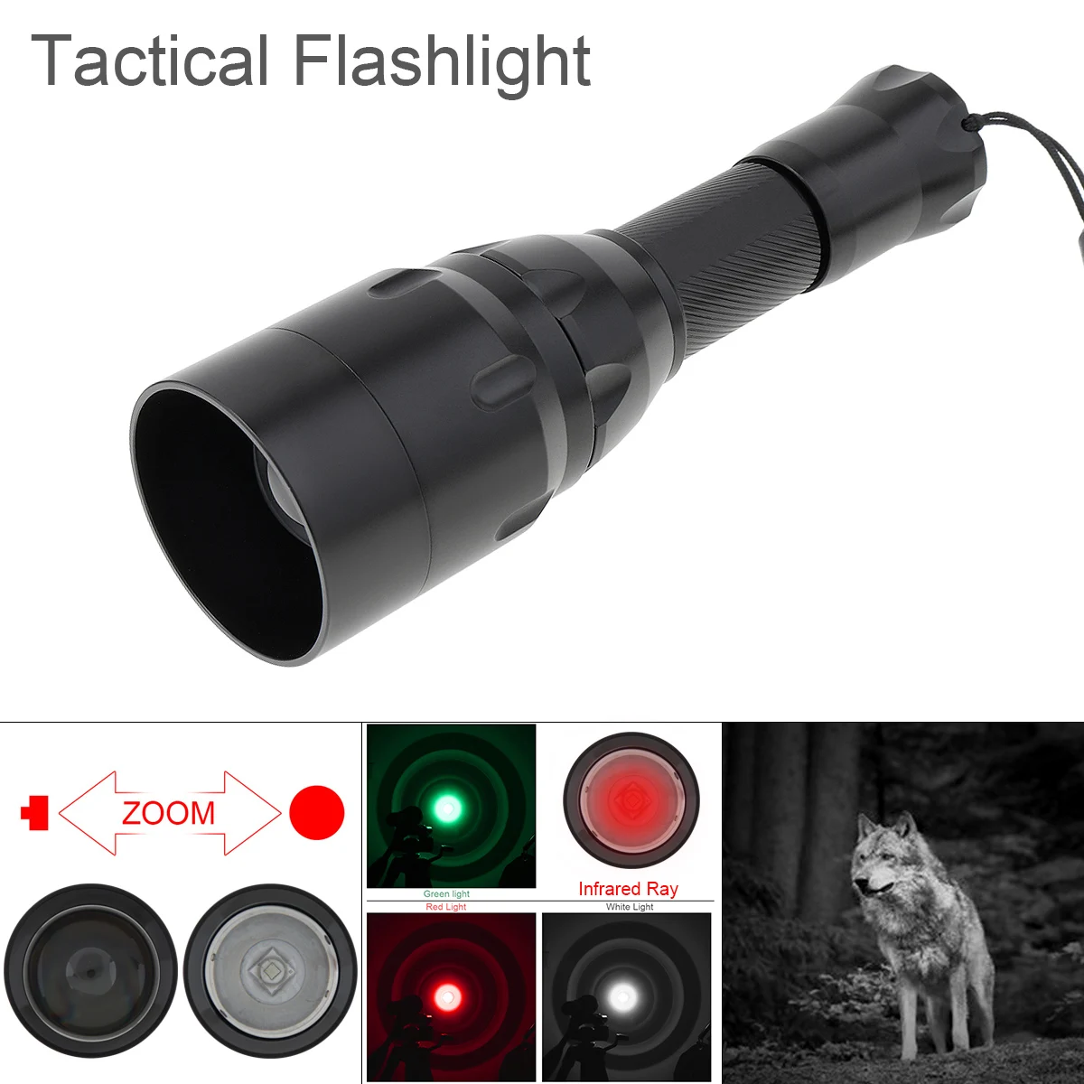 SecurityIng IR 850 Hunting Flashlight Red/Green/White Light Tactical Torch Zoomable Waterproof Infrared Night Vision Lantern