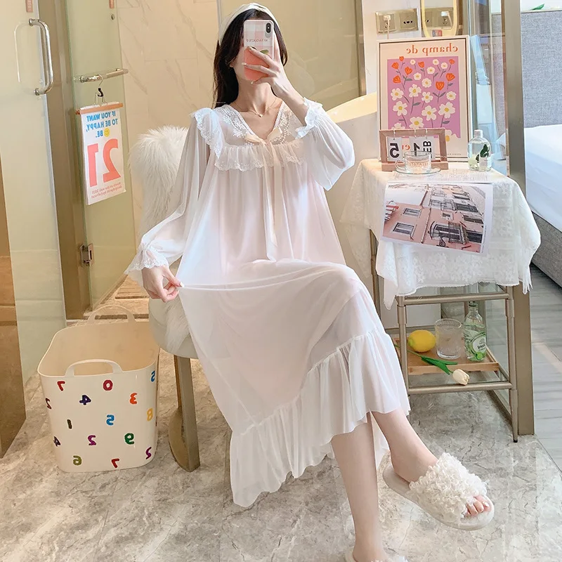 Fdfklak Sweet Spring Nightgowns Women Mesh Cotton Yarn Night Dress Long Sleeve Nightshirt Female Loose Home Wear Clothes