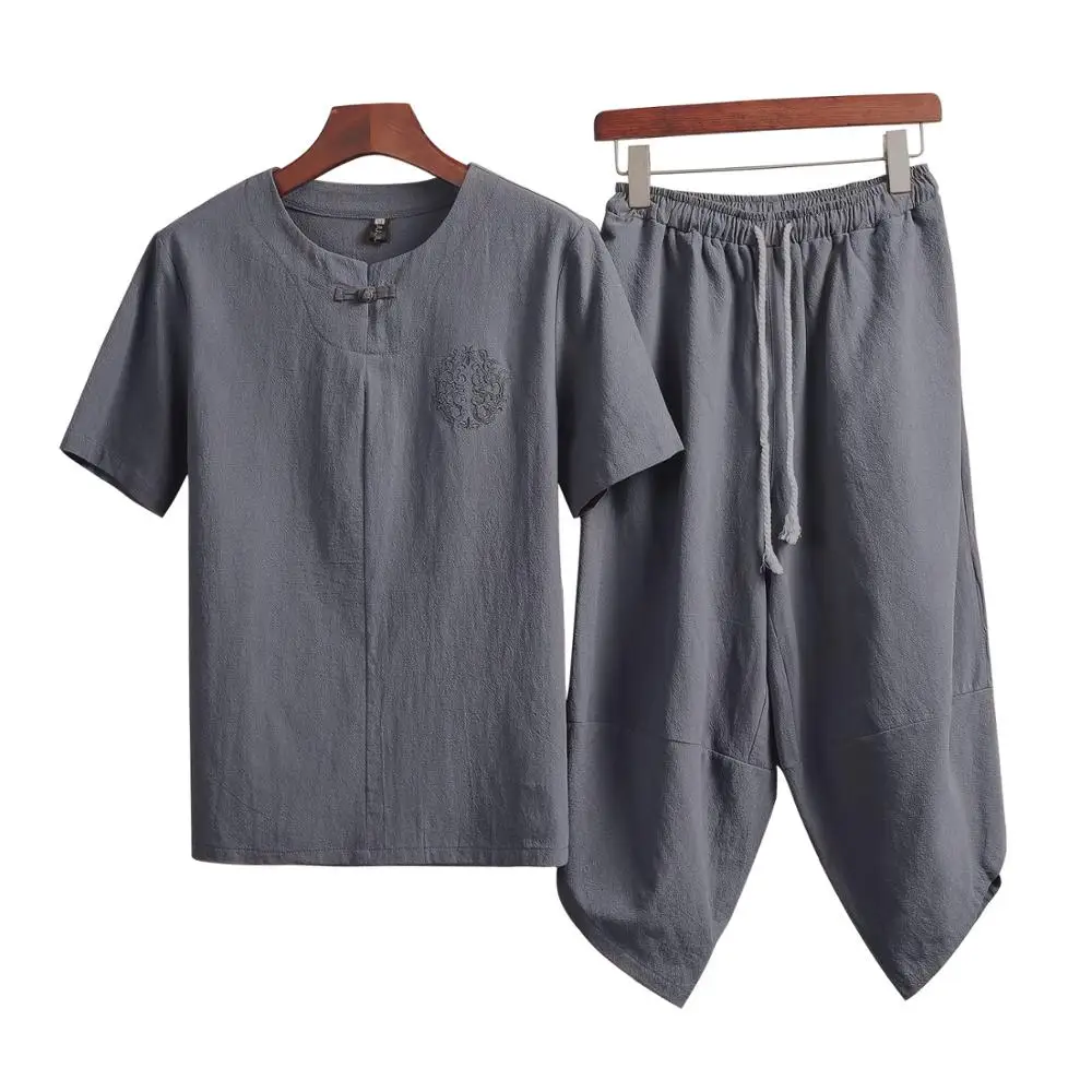 

Tracksuits Men 2020 Summer Male Cotton and Linen Short-sleeved T-shirt Suit Men's Loose Cropped Trousers Cool Linen 2 Pieces Set