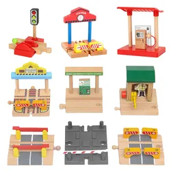 Beech Wooden Train Track Parts Roadblock Gas Station Wood Tracks Accessories Fit For Wooden Railway Tracks Toys For Kids