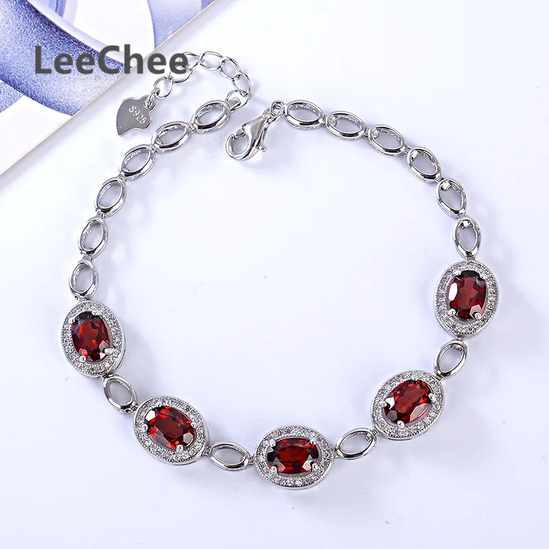 LeeChee 100% Natural Garnet Bracelet for Women Birthday Gift 5*7MM Wine Red Gemstone Fashion Jewelry Real 925 Sterling Silver