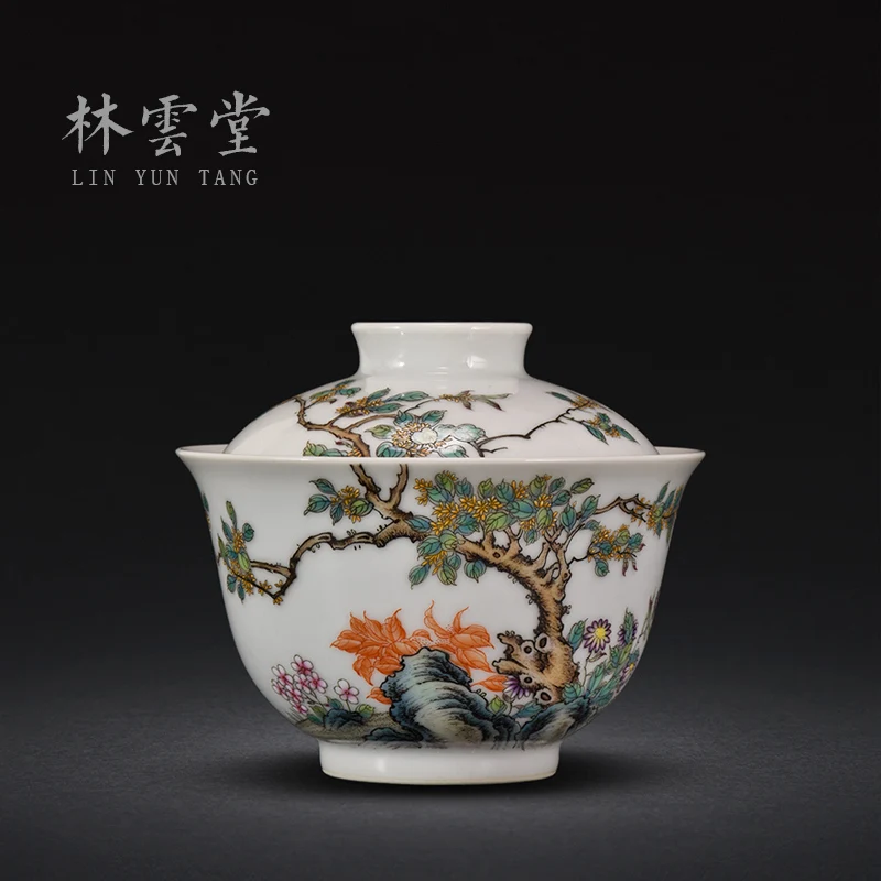 Yuntang's hand-painted Ruishi osmanthus powder color Er Cai Gai bowl Jingdezhen handmade ceramic kungfu tea set tea cup