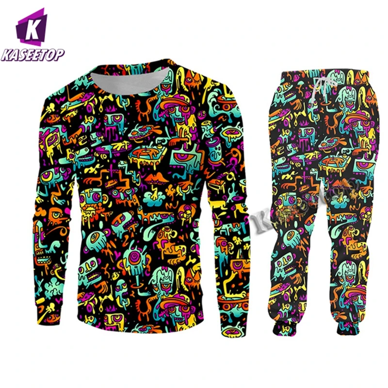 

KASEETOP Hot Casual 2 Piece Sets Monster Graffiti 3D Printing Harajuku Hoodies And Jogging Pants Plus Size Tracksuit Wholesale