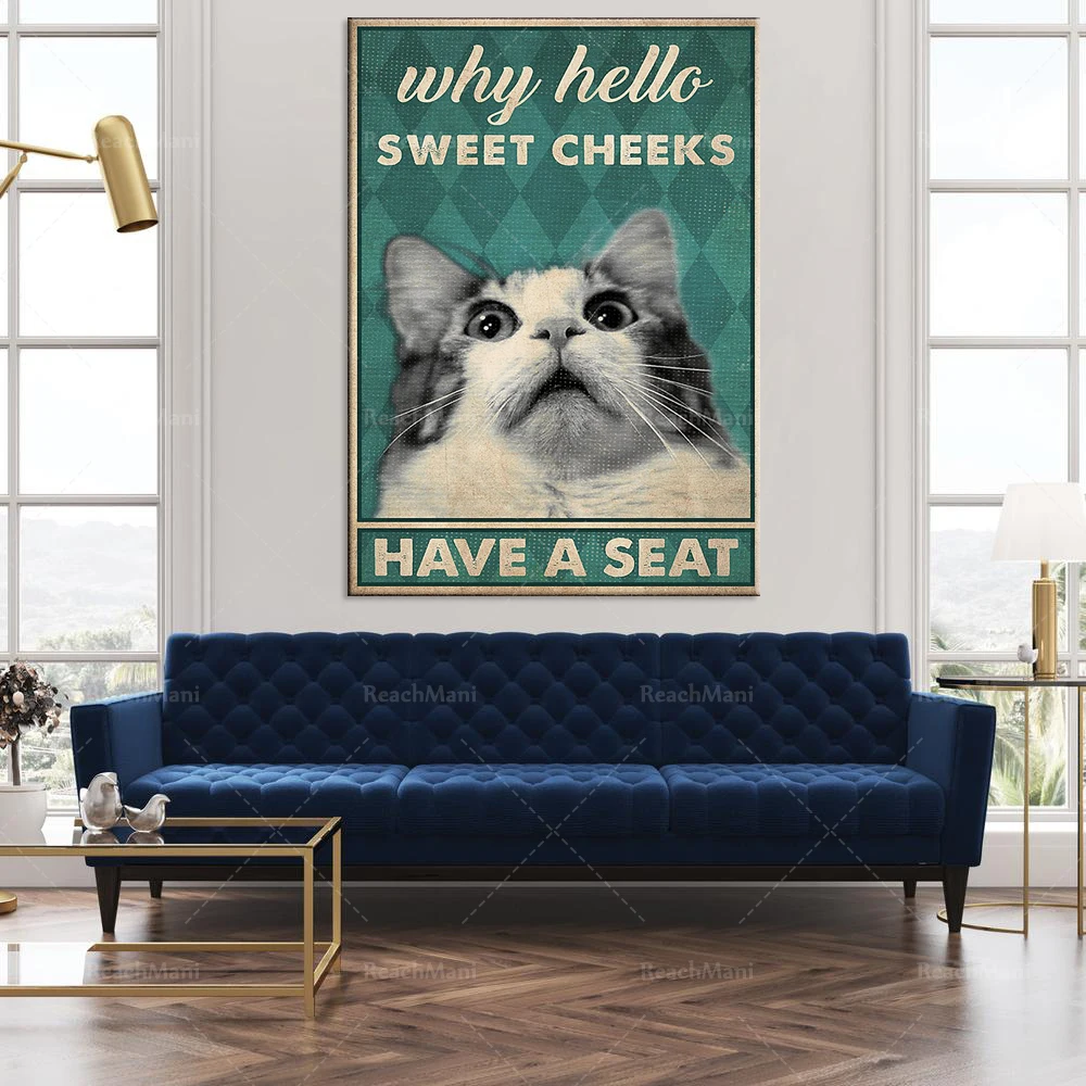 Why are cats hello sweet cheek poster, wall poster, retro style, funny kitten decoration poster