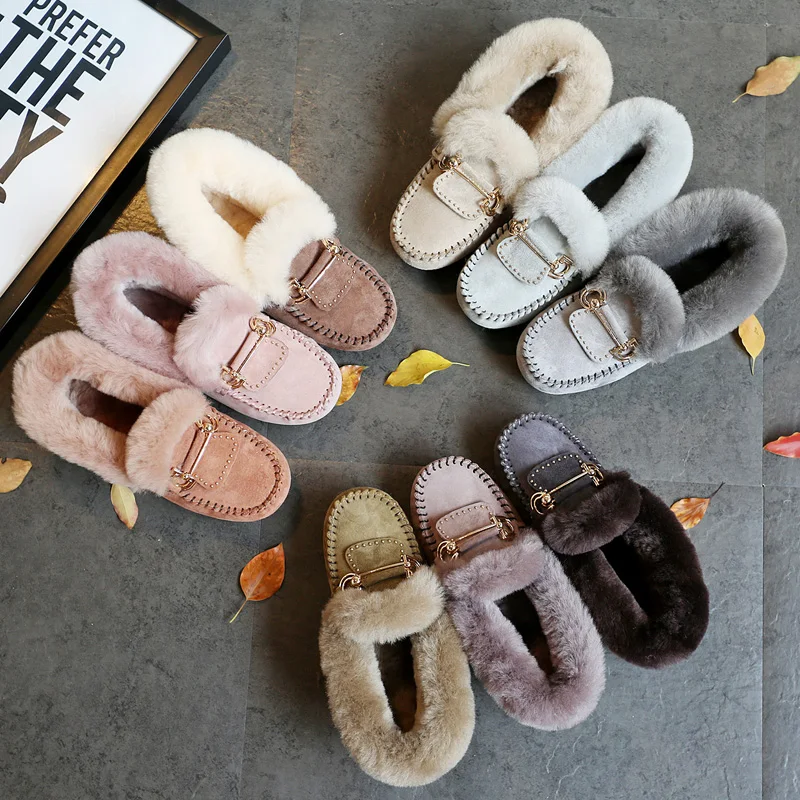 

GRWG Winter 100% Genuine Leather Real Wool Women Flats New Fashion Female Moccasins Casual Loafers Plus Size Snow Shoes