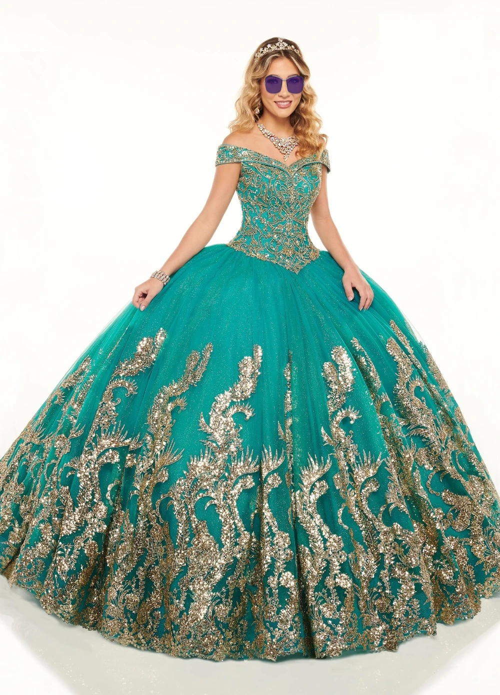 Glitter Groen Kralen Organza Baljurk Quinceanera Jurken 2021 Off Shoulder Sweet 16 Party Jurk Vestidos De 15 Anos Goud kant