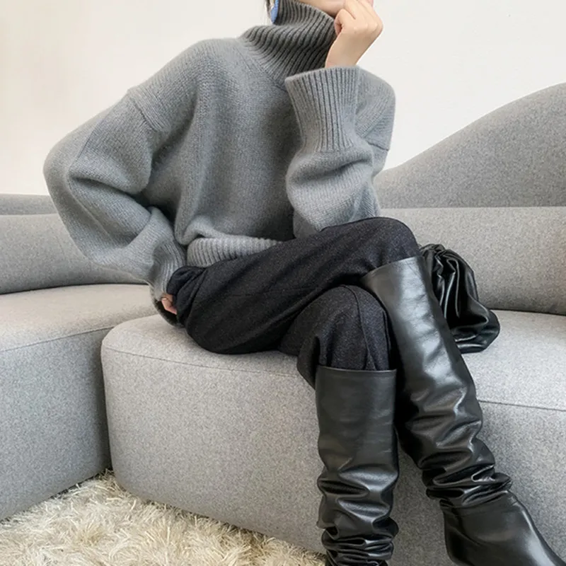 BELIARST 2023 Autumn Winter 100% Wool New Thicked Women High Neck Pullover Sweater Warm Loose Knitted Base Sweater Jacket Tops