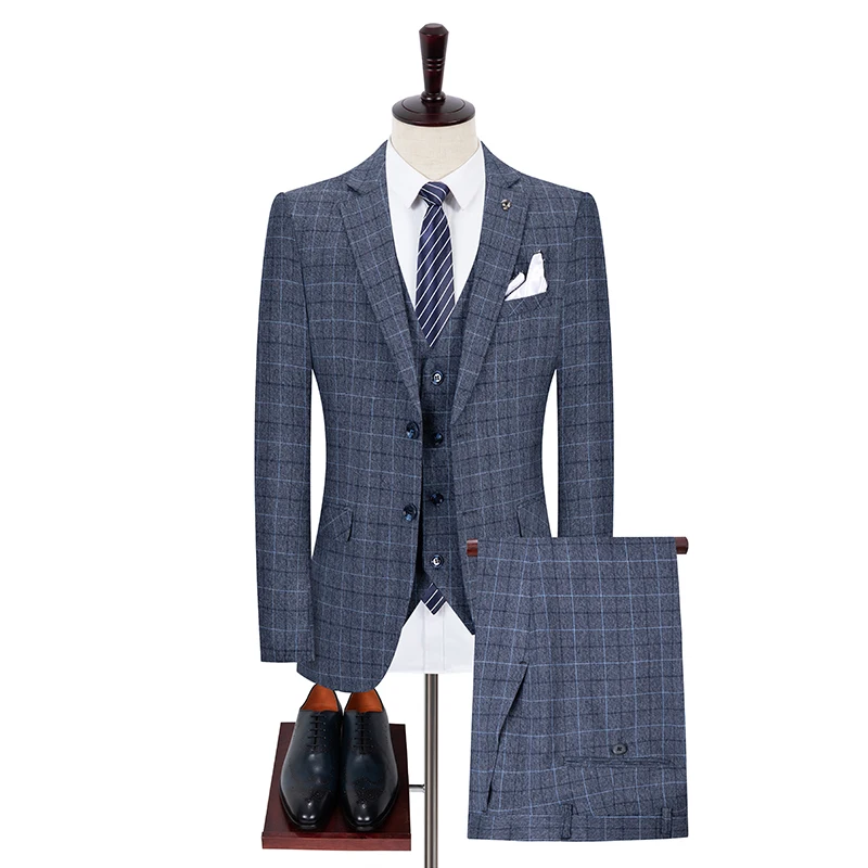 

Spring Autumn 2021 New Suit Men Three Pieces Plaid British Korean Version Casual Wedding Jacket+Pants+Waistcoat Large Size M-5XL