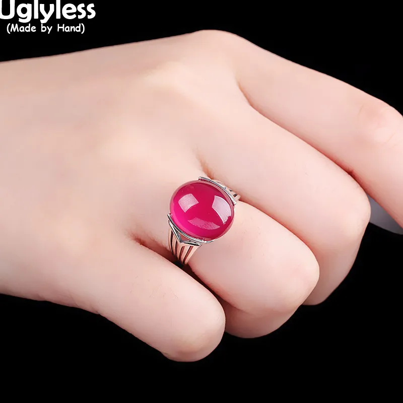 Uglyless Beautiful HOT PINK Corundum Gemstones Rings for Women Luxury Evening Dress Jewelry Real 925 Silver Open Rings Hollow