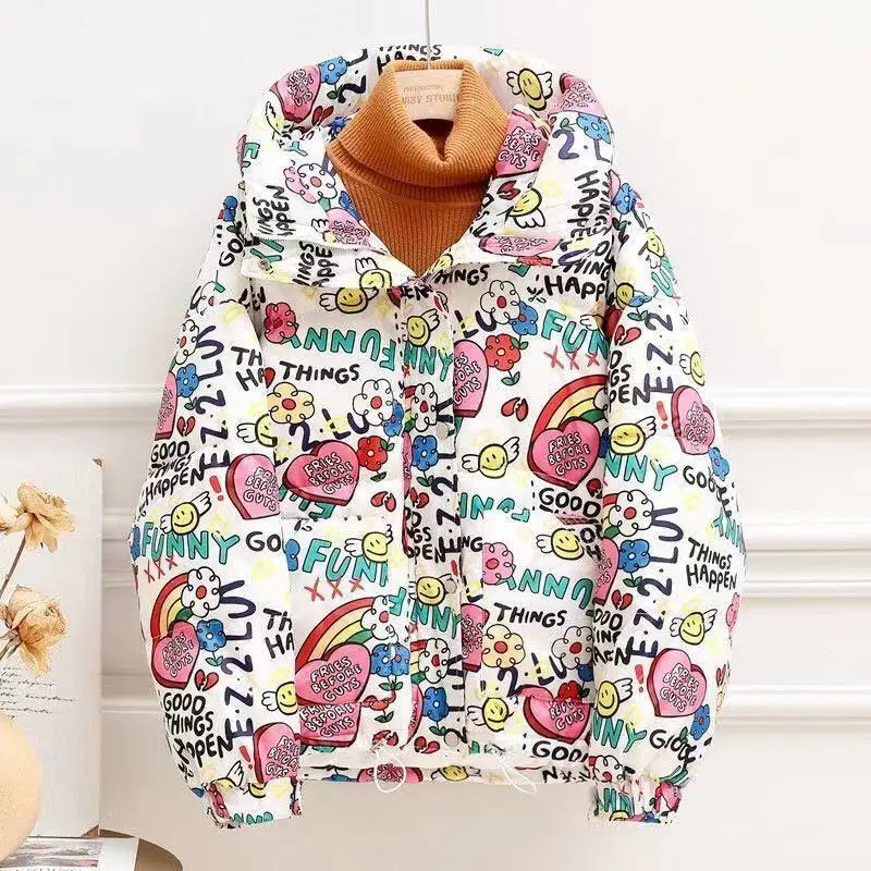 High Quality Winter Casual Women Coat Harajuku Print Cartoon Cute Panda Family Sweet White Zipper New Cotton Clothes Female