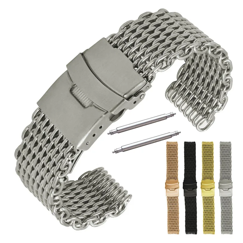 Replacement Watch Band 18mm 20mm 22mm 24mm Stainless Steel Meshed Watch Strap Wrist Bracelet Belt Secure Buckle with Pins 12CLSB