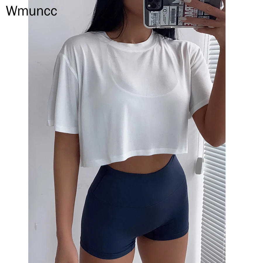 Wmuncc 2022 New Women Loose Crop Top Modal Sexy Short Sleeve T-Shirt Fitness Workout Activewear Quick Dry Breathable Blouse