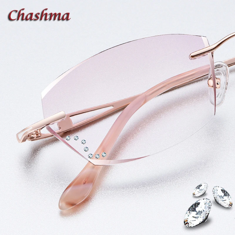 

Rhinestone Titanium Optical Frame Color Crystal Rimless Glasses Light Quality Women Gradient Lens Eyewear Prescription Glasses